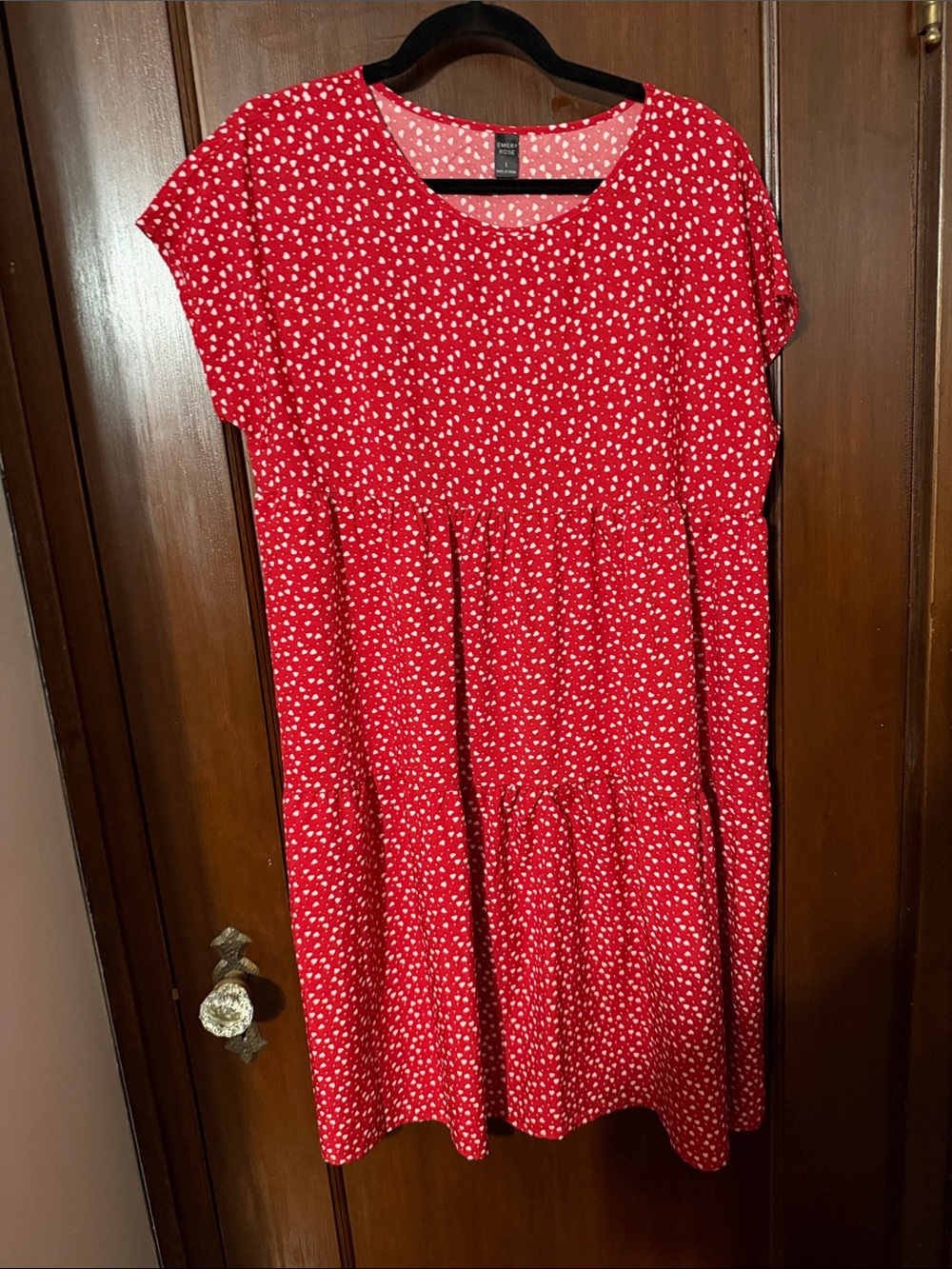 Casual Red Heart-Print Tiered Short-Sleeve Dress